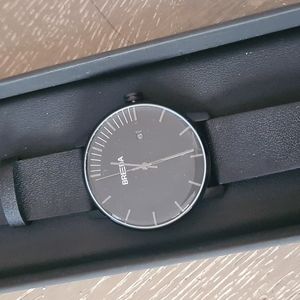 Breda round watch black leather